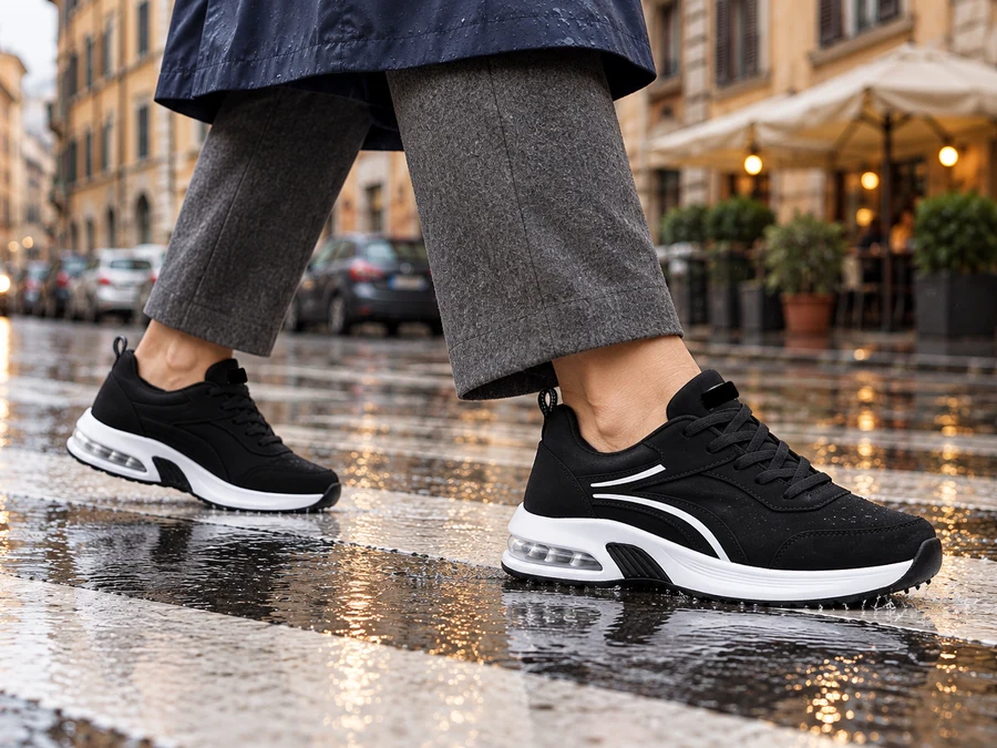 Passo deciso sulle strisce pedonali bagnate con le sneaker nere e bianche