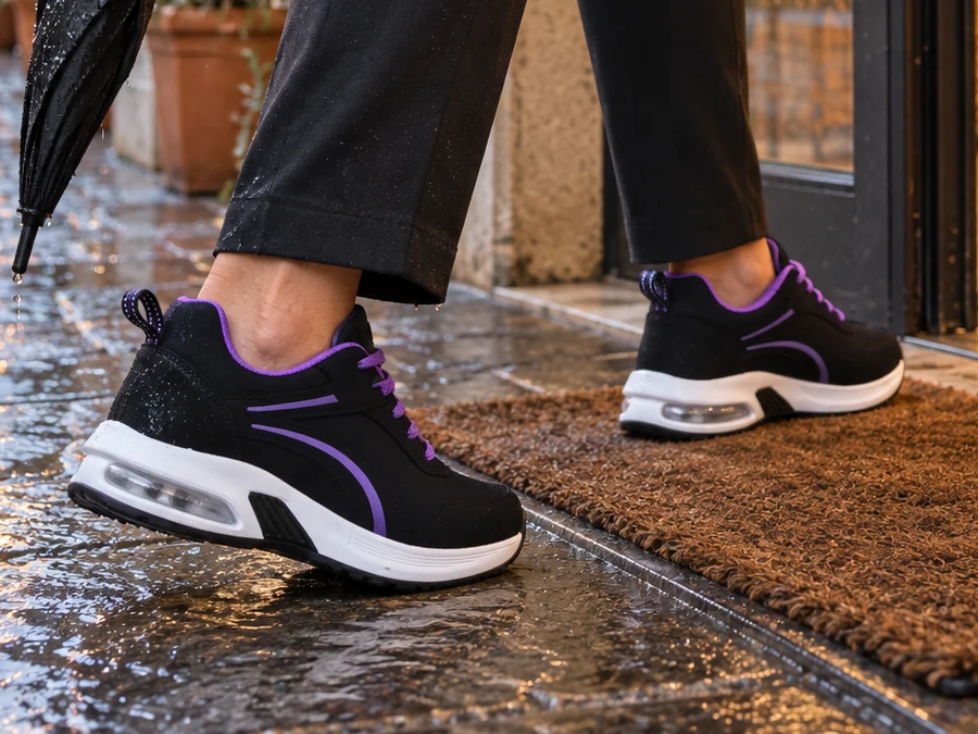 La coppia di sneaker nere con lacci, fodera e righe viola