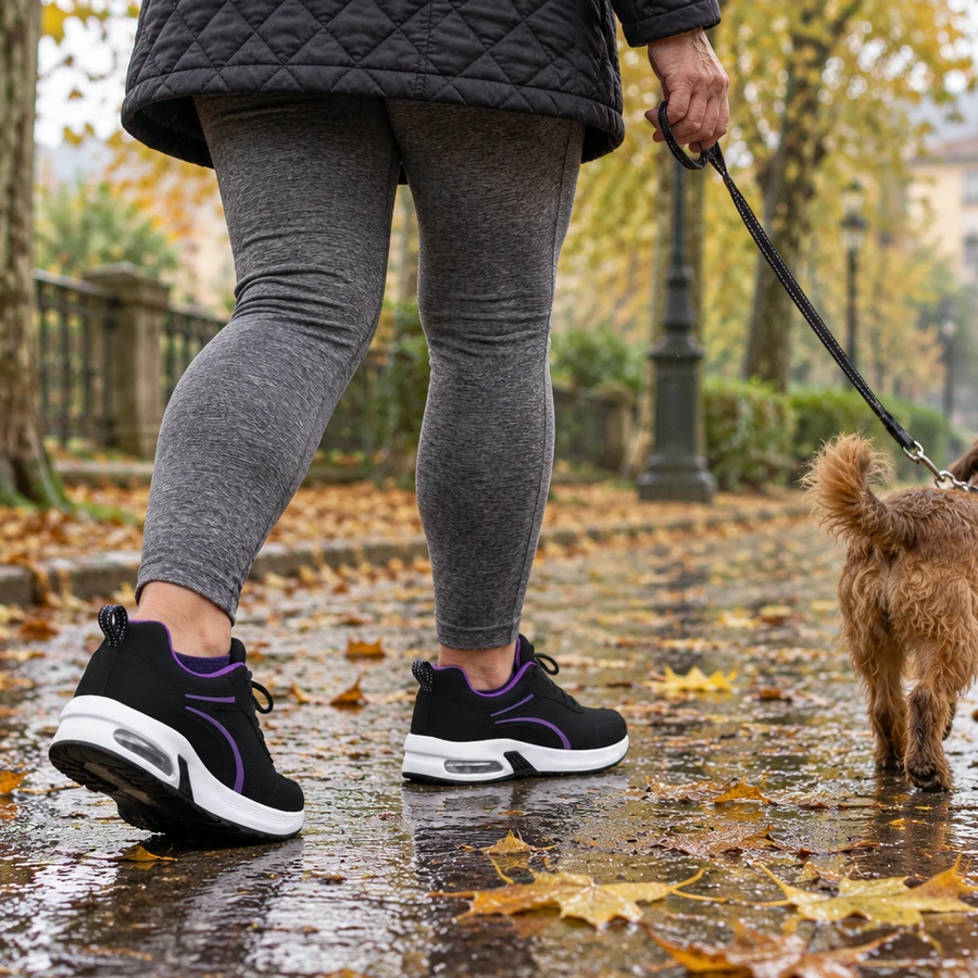 A passeggio col cane in un viale bagnato pieno di foglie