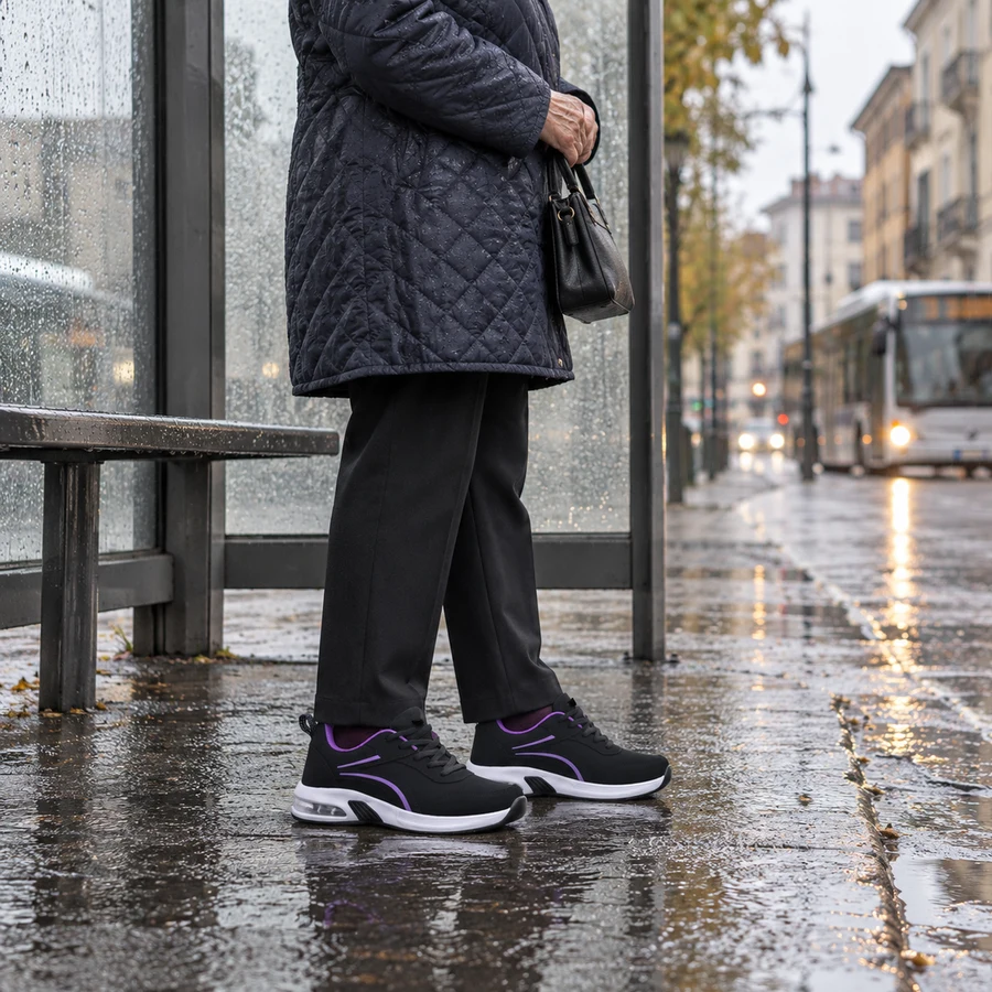 In piedi alla fermata dell'autobus sotto la pioggia