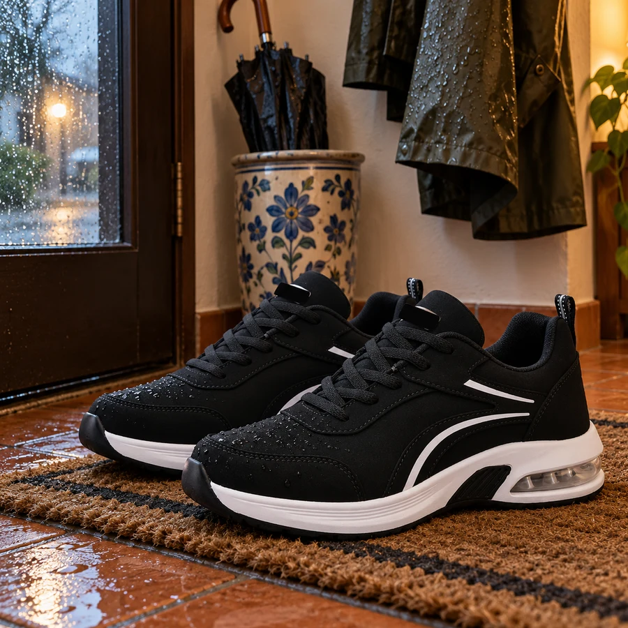 Le sneaker sullo zerbino di casa accanto all'ombrello bagnato