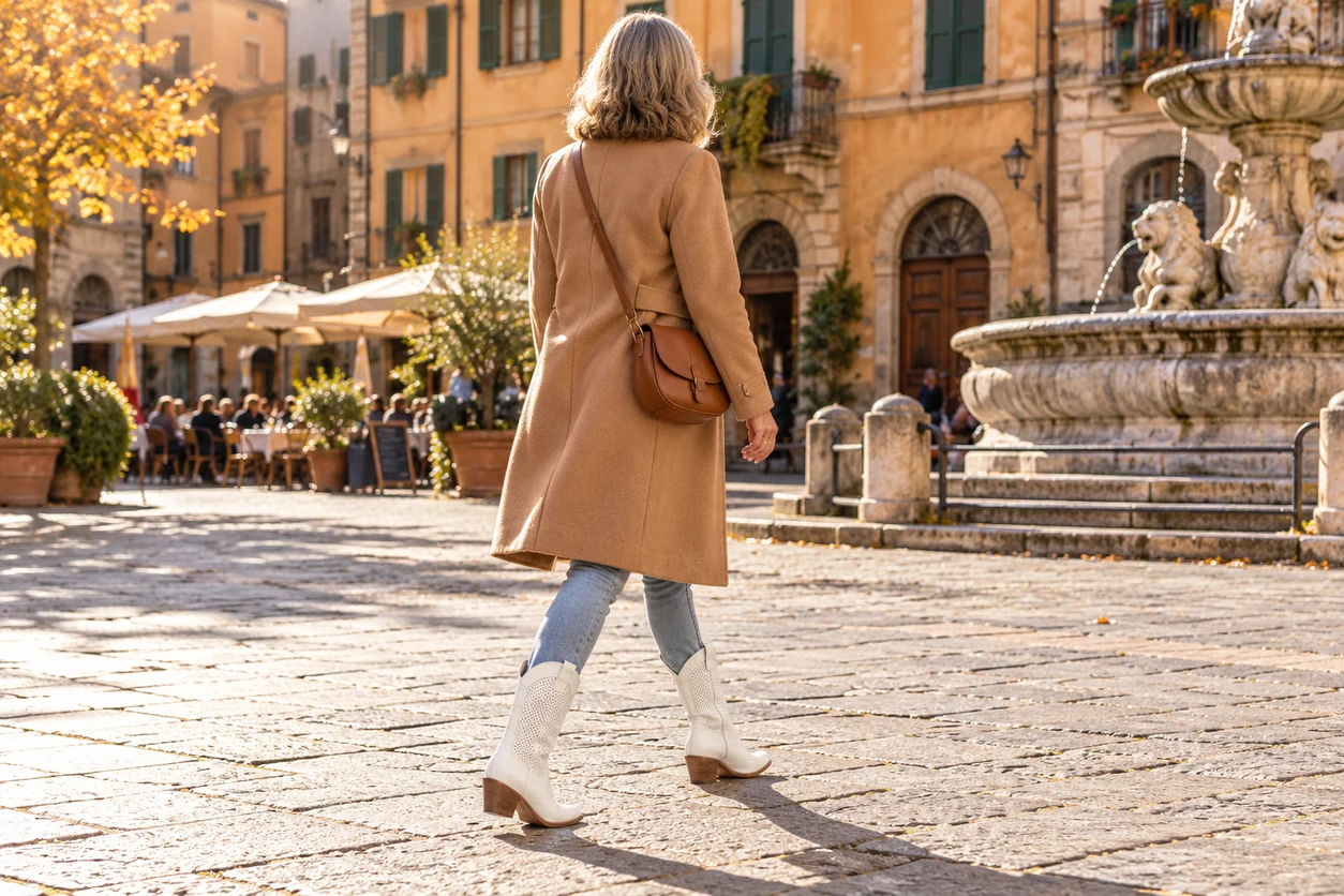 Texanne Bianco con jeans chiari e cappotto cammello, in una piazza al sole
